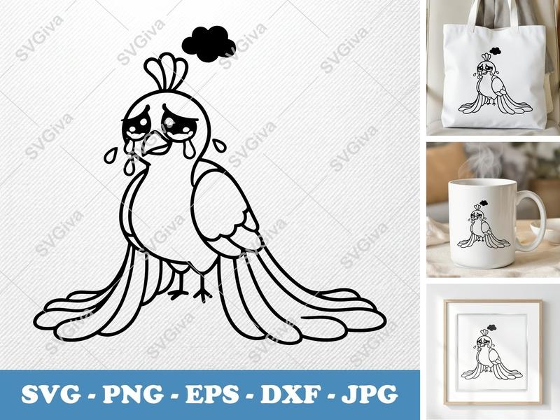 Peacock SVG Crying Sad Kawaii Bird | PNG EPS DXF | Cricut Silhouette Cut File, Emotional Animal Clipart