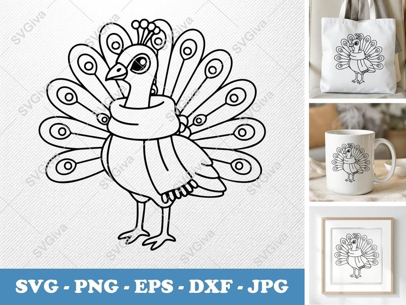 Peacock SVG Cute Outline Design, Bird with Scarf, Modern Clean Line Art | PNG EPS DXF for Cricut Silhouette