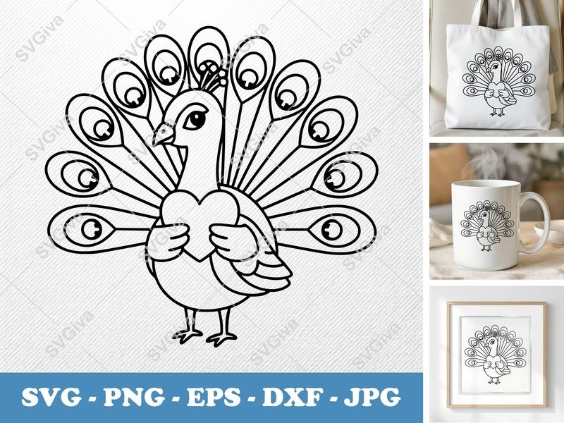 Peacock SVG Cute Outline Design with Heart | PNG EPS DXF | Cricut Silhouette Cut File | Simple Bird Clip Art