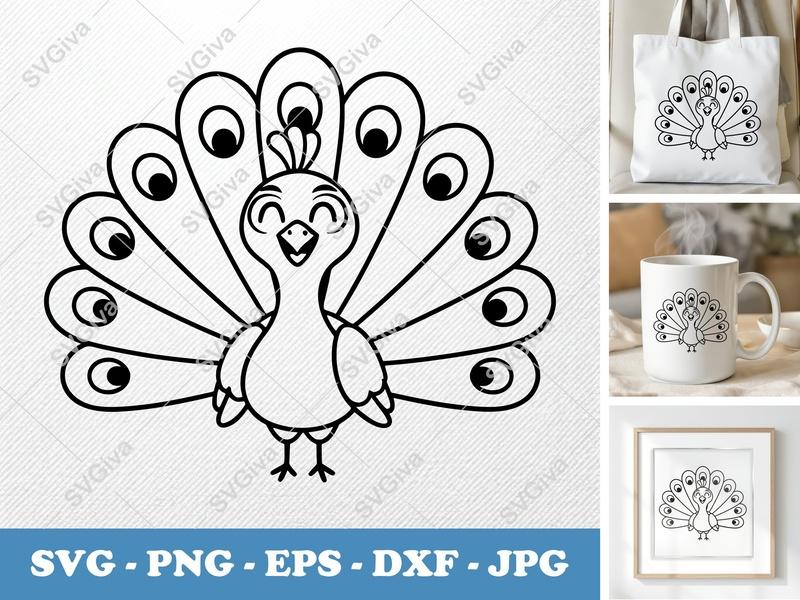 Peacock SVG Cute Smiling Cartoon Design | PNG EPS DXF | Cricut Silhouette Cut File | Animal Outline Craft Vector