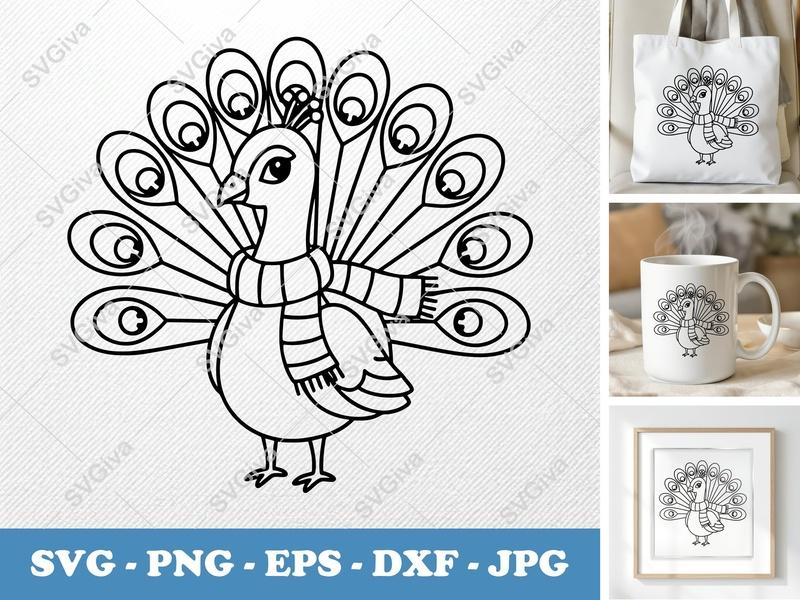 Peacock SVG Cute Winter Scarf Design | Modern Clean Line Art | PNG EPS DXF | Cricut Silhouette File