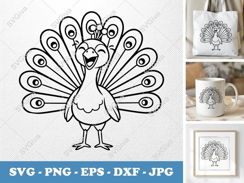 Peacock SVG Happy Cartoon, Cute Bird Outline, Coloring Page, PNG EPS DXF for Cricut & Silhouette, Kids Craft File