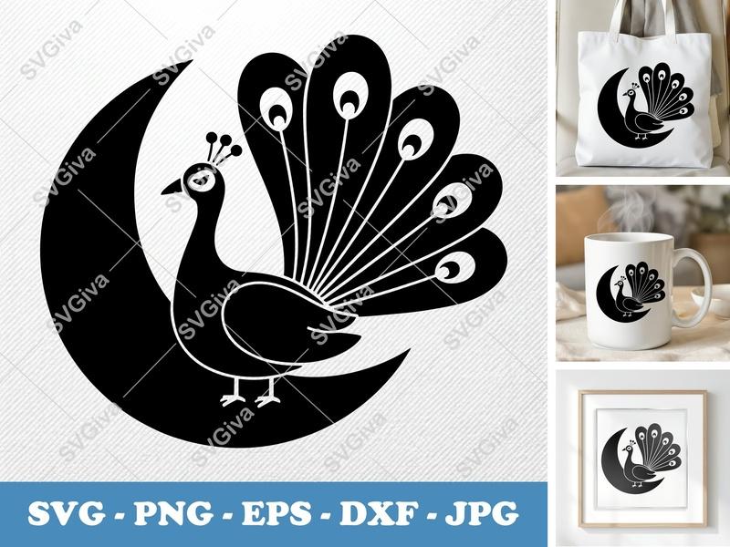 Peacock SVG on Moon | Modern Clean Design | Feather Tail | PNG EPS DXF for Cricut Silhouette