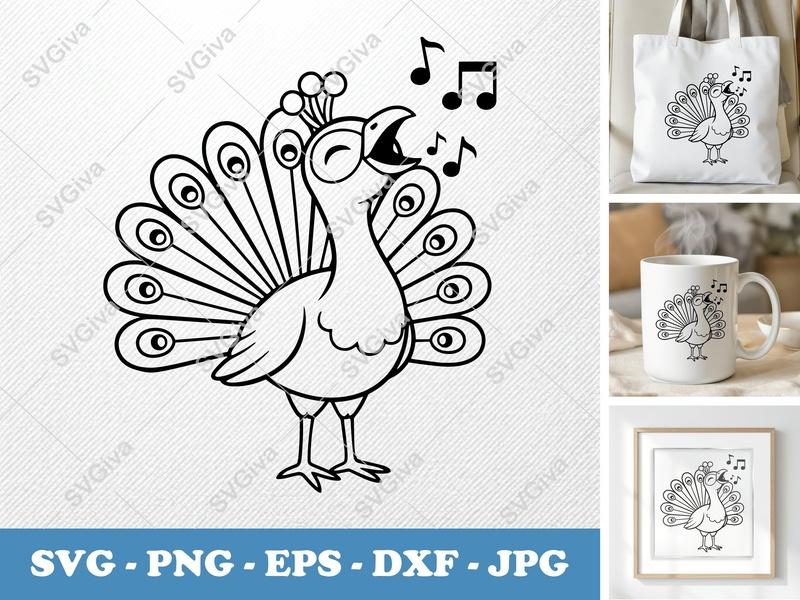 Peacock SVG Singing Bird with Music Notes | Modern Clean Line Art | PNG EPS DXF for Cricut, Silhouette