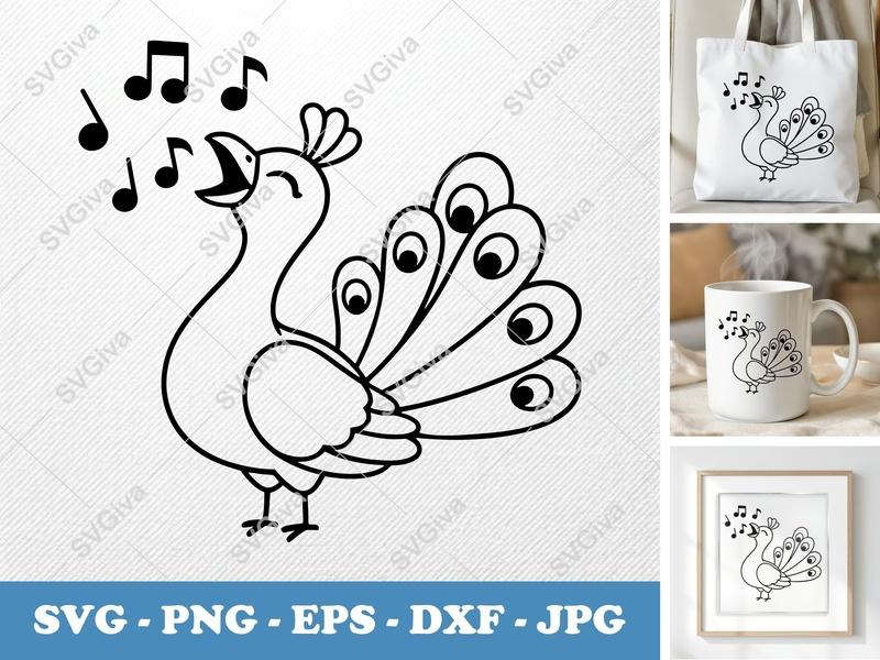 Peacock SVG Singing Musical Notes, Cartoon Bird PNG EPS DXF for Cricut, Silhouette, Cute Animal Clipart, Digital Download