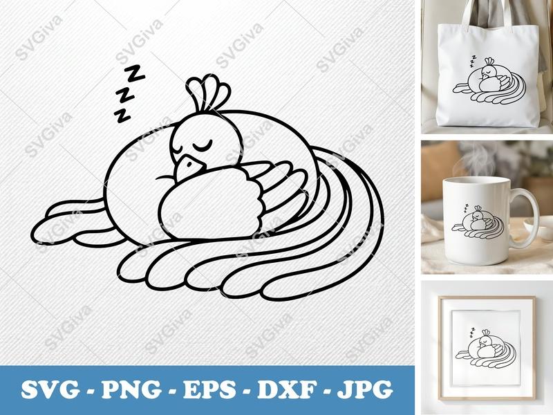 Peacock SVG Sleeping Outline, Cute Peacock Napping, Modern Bird Art, SVG PNG EPS DXF for Cricut Silhouette