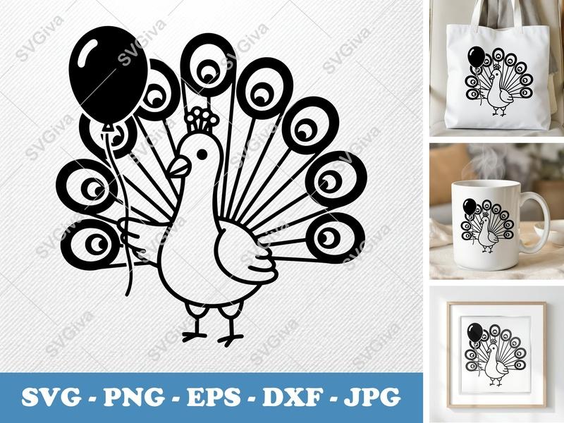 Peacock SVG with Balloon, Crown, Simple Line Art | PNG EPS DXF for Cricut, Silhouette | Modern Bird Cut File