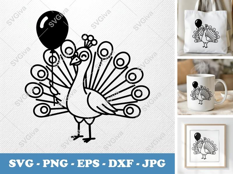Peacock SVG with Balloon | Modern Clean Design, Outline Art | PNG EPS DXF for Cricut, Silhouette, Digital Download, Party Decor