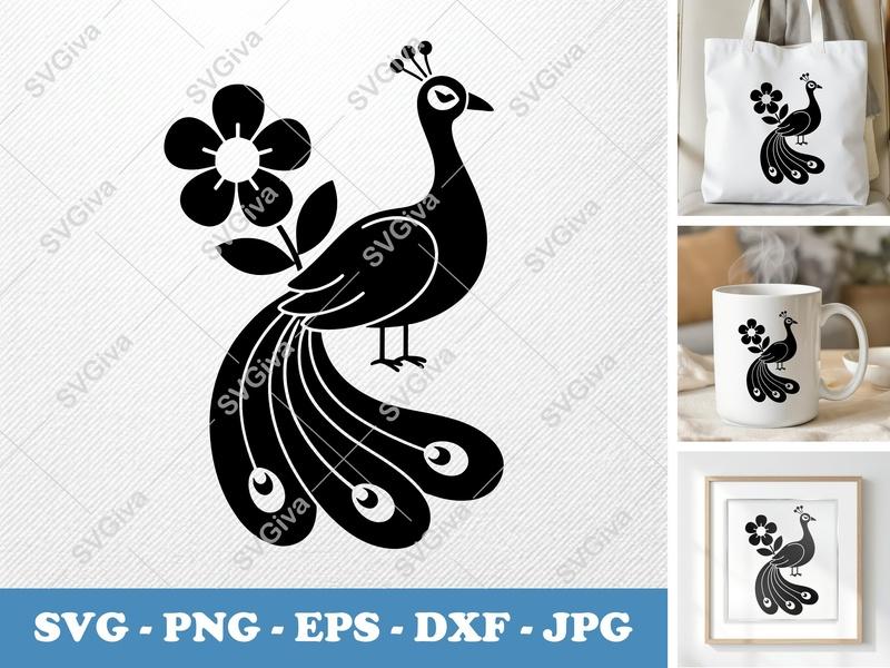 Peacock SVG with Flower, Modern Clean Design, Digital Download | PNG, EPS, DXF for Cricut & Silhouette