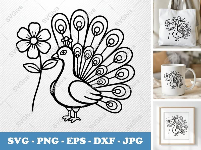 Peacock SVG with Flower, Modern Outline Design, EPS DXF PNG for Cricut & Silhouette