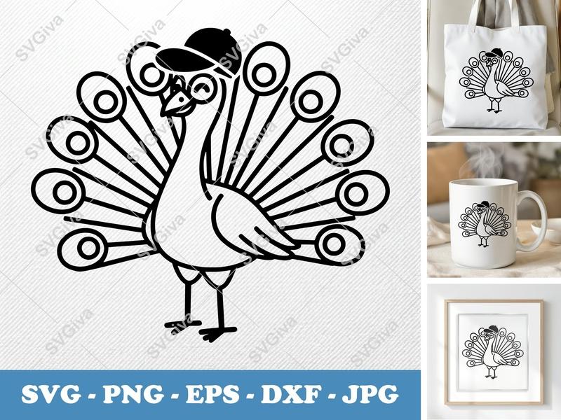 Peacock SVG with Hat | Modern Outline Cut File | PNG EPS DXF for Cricut Silhouette Projects