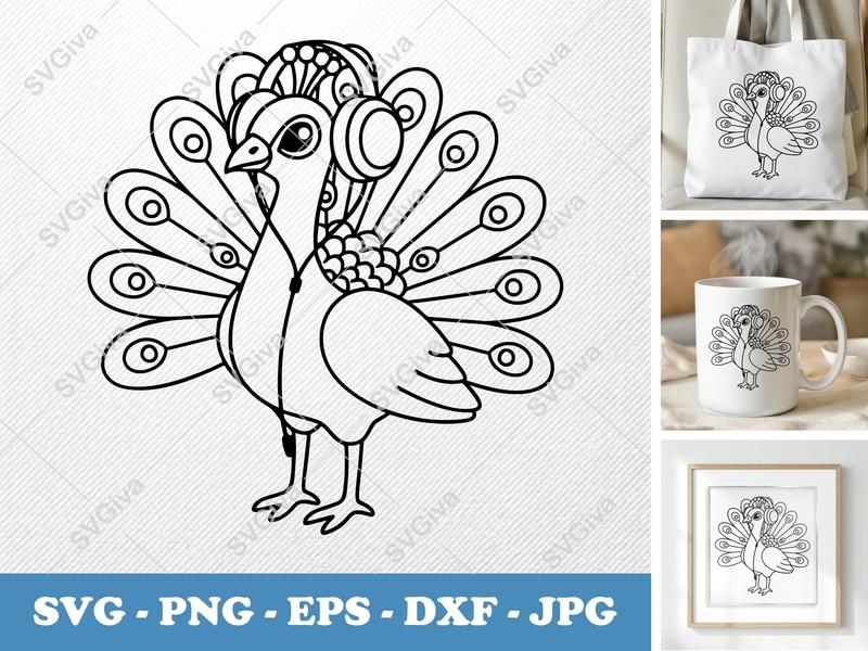 Peacock SVG with Headphones | Modern Line Art Cut File | EPS, PNG, DXF for Cricut & Silhouette Machines