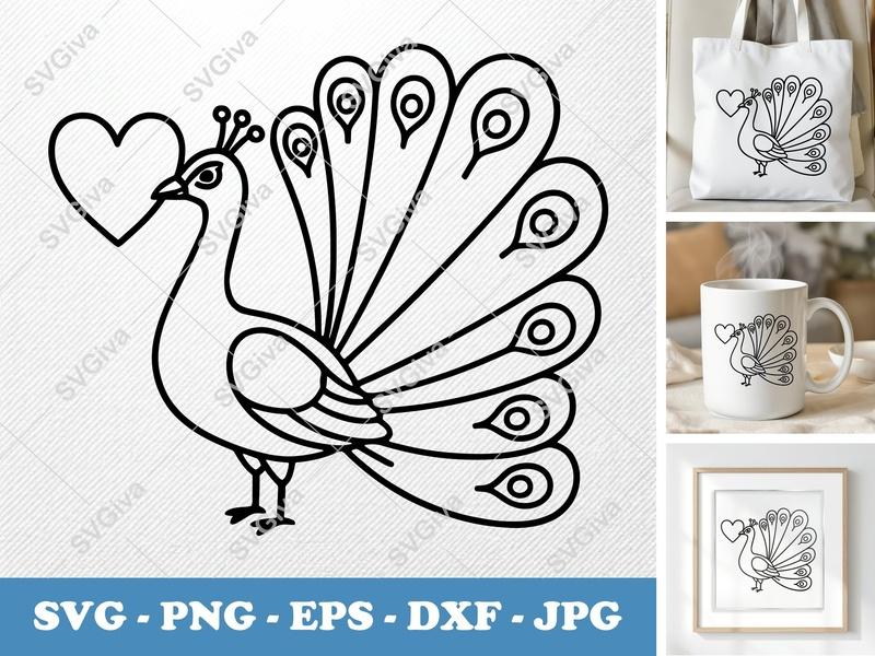 Peacock SVG with Heart | Modern Clean Outline Design | PNG EPS DXF for Cricut, Silhouette