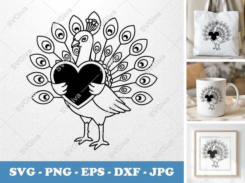 Peacock SVG with Heart | Modern Love Bird Cut File | PNG EPS DXF for Cricut Silhouette