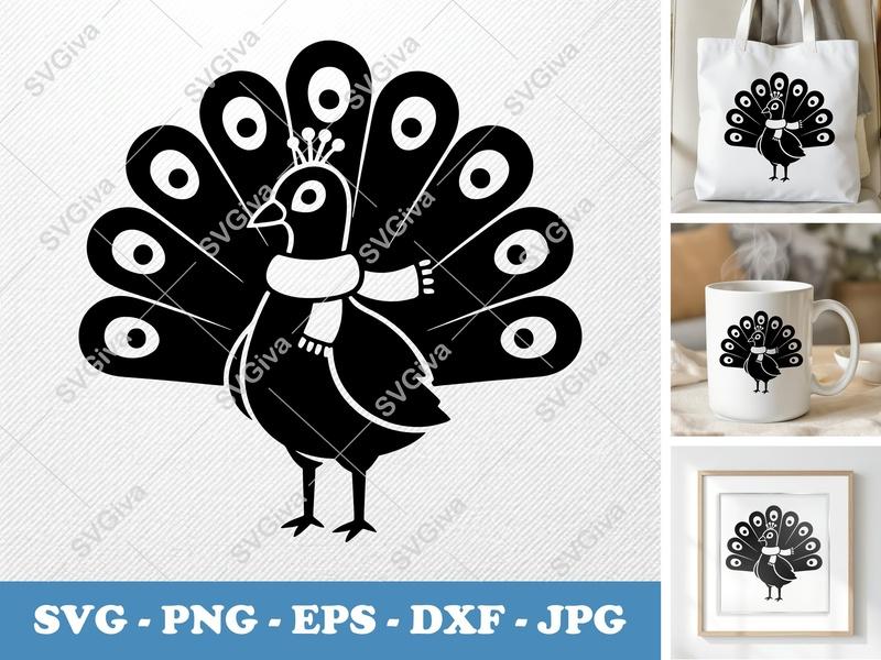 Peacock SVG with Scarf and Crown | Modern Clean Design Cut File for Cricut, Silhouette | PNG EPS DXF Vector Clipart