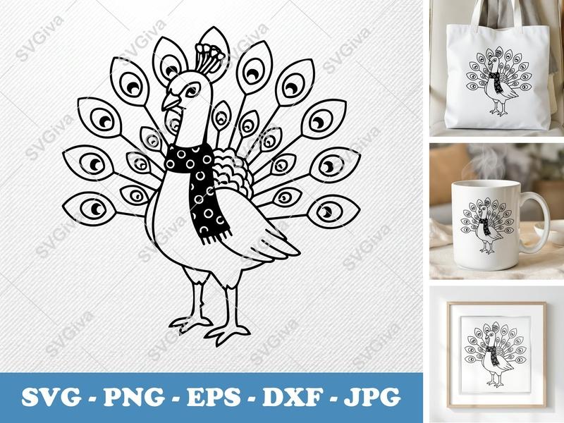 Peacock SVG with Scarf, Modern Cute Animal Cut File | PNG EPS DXF for Cricut, Silhouette, Digital Download