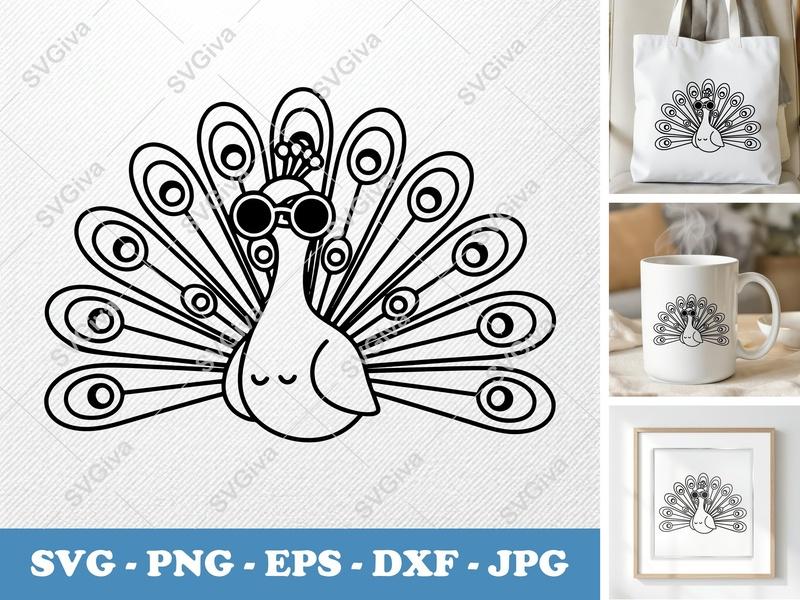 Peacock SVG with Sunglasses | Modern Clean Line Art, Cute Bird Design | PNG EPS DXF for Cricut, Silhouette