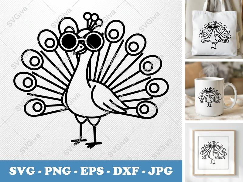 Peacock SVG with Sunglasses, Modern Clean Line Art, Feather Fan | PNG EPS DXF for Cricut, Silhouette