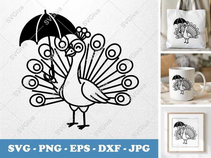 Peacock SVG with Umbrella | Cute Bird Design PNG EPS DXF | Cricut Silhouette Cut File | Modern Animal Clipart