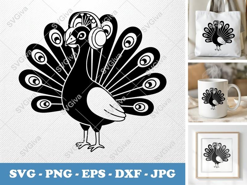 Peacock Wearing Headphones SVG | Bird Music Cut File PNG DXF EPS Cricut Silhouette