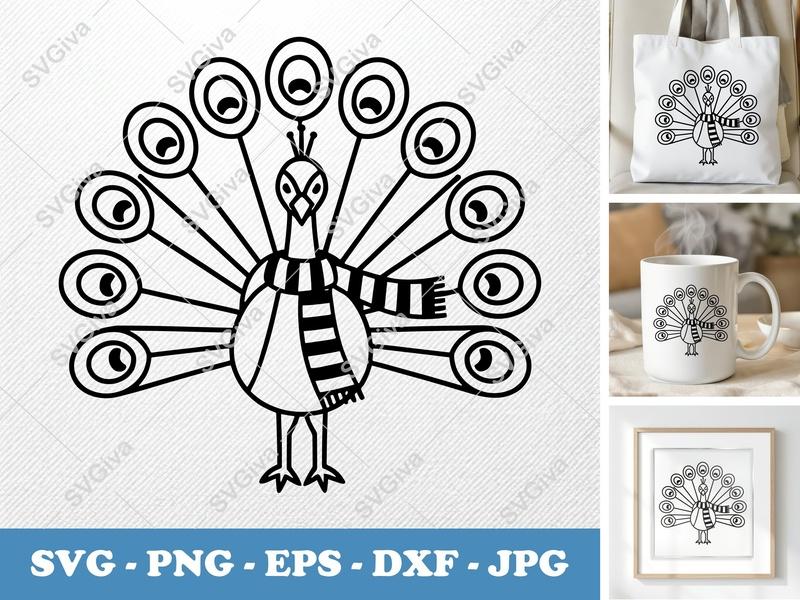 Peacock Wearing Scarf SVG | Simple Minimalist Cut File | Bold Contour Design | PNG DXF EPS | Cricut Silhouette Ready