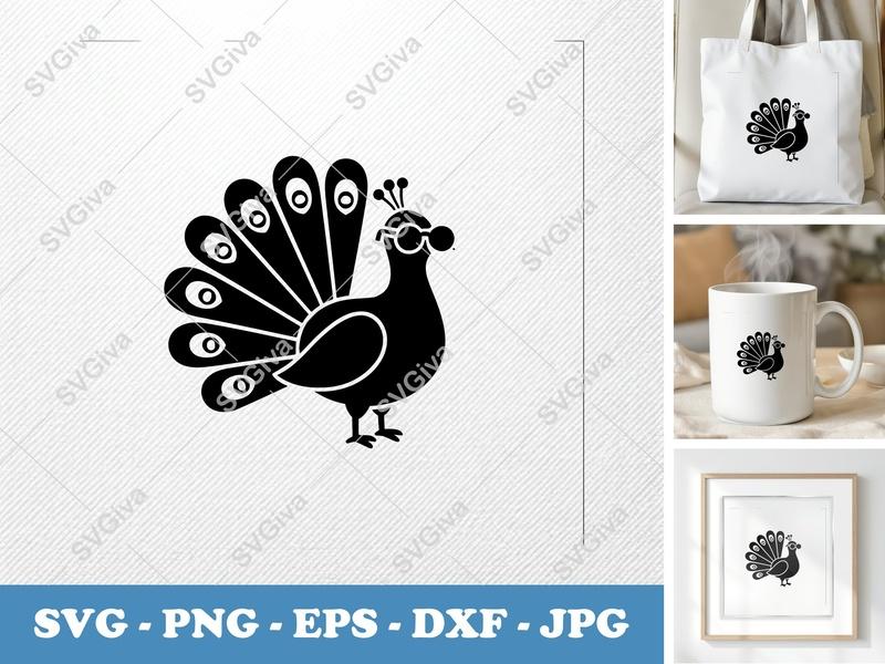 Peacock Wearing Sunglasses SVG | Puffy Pillow Soft Shapes | PNG DXF EPS | Cricut Silhouette Cut File