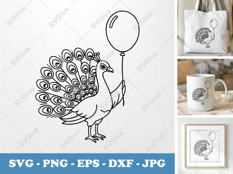 Peacock with Balloon SVG PNG DXF EPS | Cut File for Cricut Silhouette | Bird Party Animal Vector