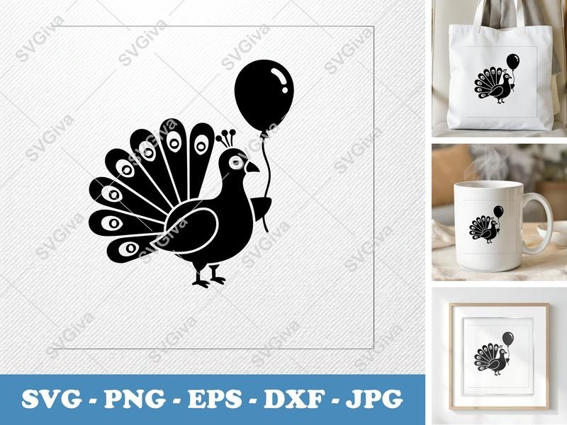 Peacock with Balloon SVG, Puffy Inflated Shapes, No Sharp Corners | PNG DXF EPS | Cricut Silhouette Cut File