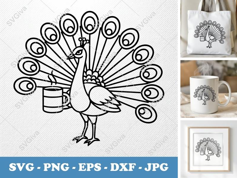 Peacock with Coffee Cup SVG | Bold Contour, Simple Character Art | PNG, DXF, EPS | Cricut & Silhouette Cut File