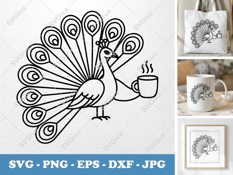 Peacock with Coffee Cup SVG | Double-Outline Minimalist Design | Basic Shapes Cut File | PNG DXF EPS | Cricut Silhouette