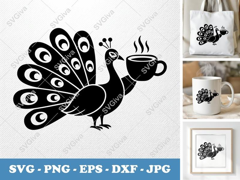 Peacock with Coffee Cup SVG | Puffy Soft Shapes | Inflated Pillow-Soft Forms | PNG DXF EPS | Cricut Silhouette File