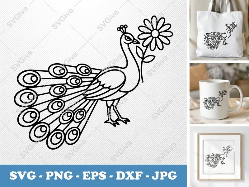 Peacock with Flower SVG | Bold Contour Minimalist Cut File | PNG DXF EPS for Cricut Silhouette