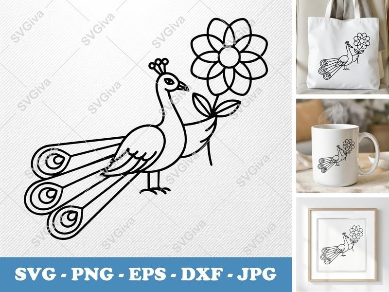 Peacock with Flower SVG | Double Outline | Basic Shapes | PNG DXF EPS | Cricut Silhouette Cut File