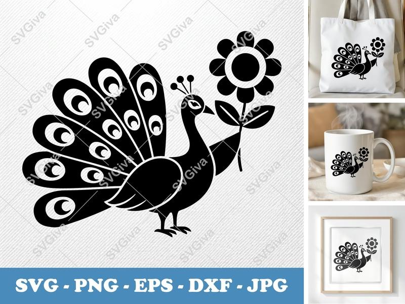 Peacock with Flower SVG | Puffy Shapes, Pillow-Soft Design | PNG DXF EPS | Cricut Silhouette Cut File