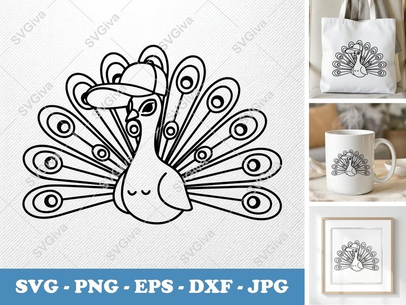 Peacock with Hat SVG, Cute Bird PNG, EPS, DXF | Modern Animal Vector for Cricut, Silhouette, Shirt Design, Kids Craft