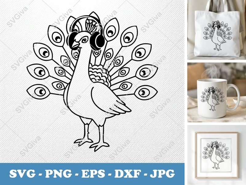 Peacock with Headphones SVG | Modern Clean Line Art | PNG EPS DXF | Cricut & Silhouette File | Digital Download