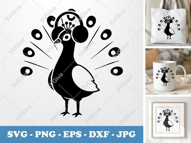 Peacock with Headphones SVG, Modern Music Bird PNG EPS DXF for Cricut | Silhouette Cutting File, Digital Download