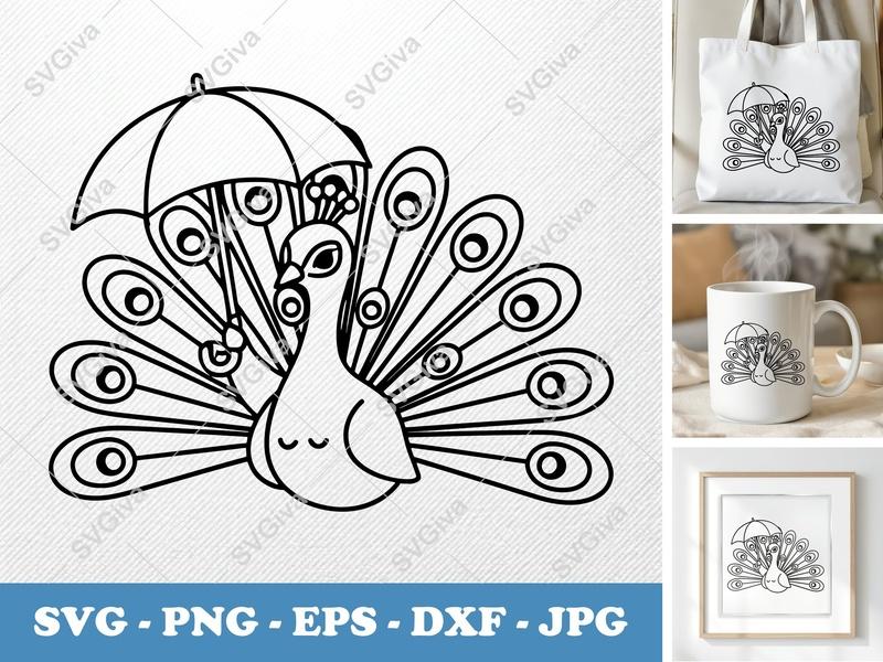 Peacock with Umbrella SVG PNG DXF EPS | Bird Cut File for Cricut Silhouette