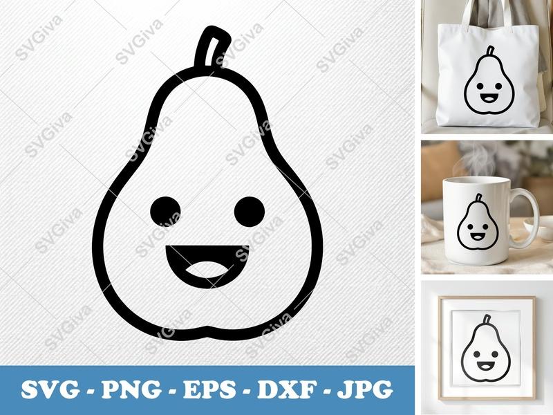 Pear Happy Face SVG | Kawaii Fruit PNG EPS DXF | Cute Pear Cricut Cut File | Modern Design Silhouette Craft