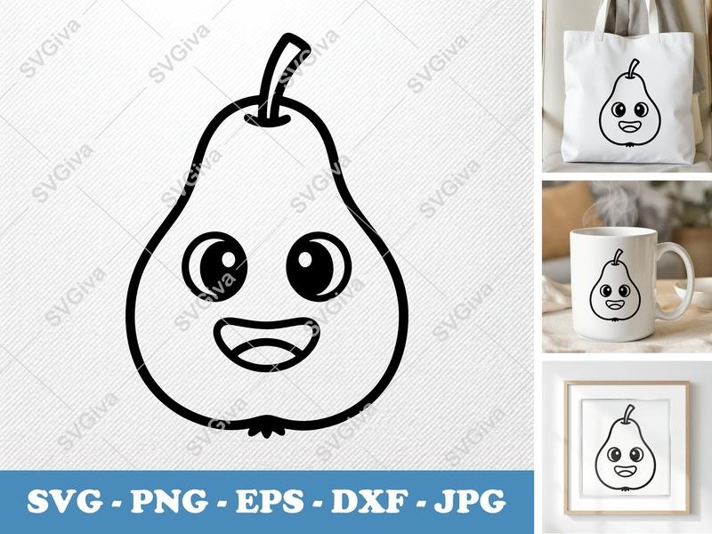 Pear Kawaii SVG, Happy Face Fruit PNG, EPS, DXF | Cute Food Clipart for Cricut & Silhouette, Modern Clean Design