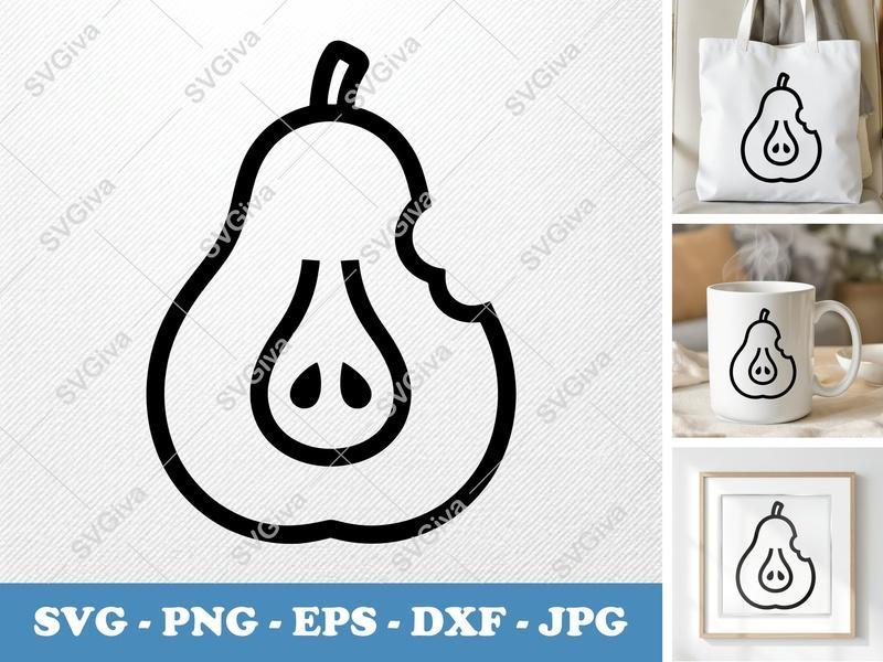 Pear SVG | Bitten Fruit Outline, Modern Clean Design, PNG EPS DXF | Cricut & Silhouette Cut File, Food Clipart