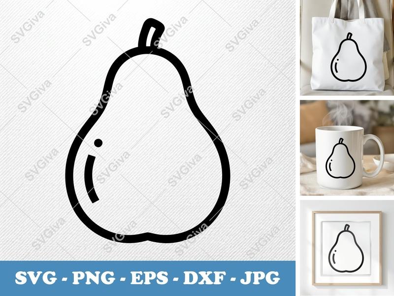 Pear SVG | Modern Clean Fruit Outline | PNG EPS DXF Cut File for Cricut, Silhouette | Minimalist Food Vector