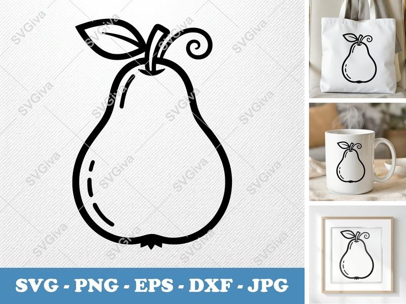 Pear SVG | Modern Clean Fruit Vector, Leaf, Stem | PNG EPS DXF | Cricut Silhouette Cut File