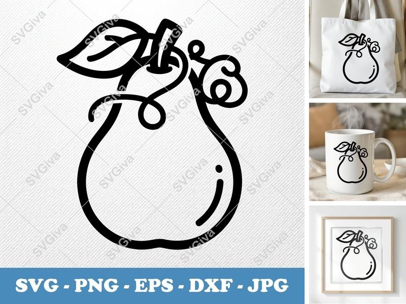 Pear SVG | Modern Fruit Outline with Leaf & Vine | PNG EPS DXF for Cricut, Silhouette | Kitchen Decor, Food Clipart