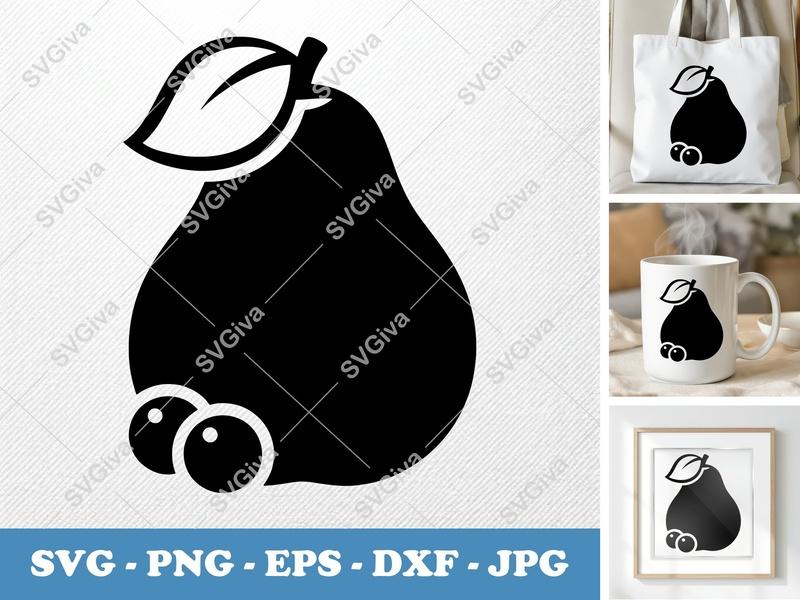 Pear SVG | Modern Minimalist Fruit Clip Art, Leaf & Berries | PNG EPS DXF for Cricut, Silhouette