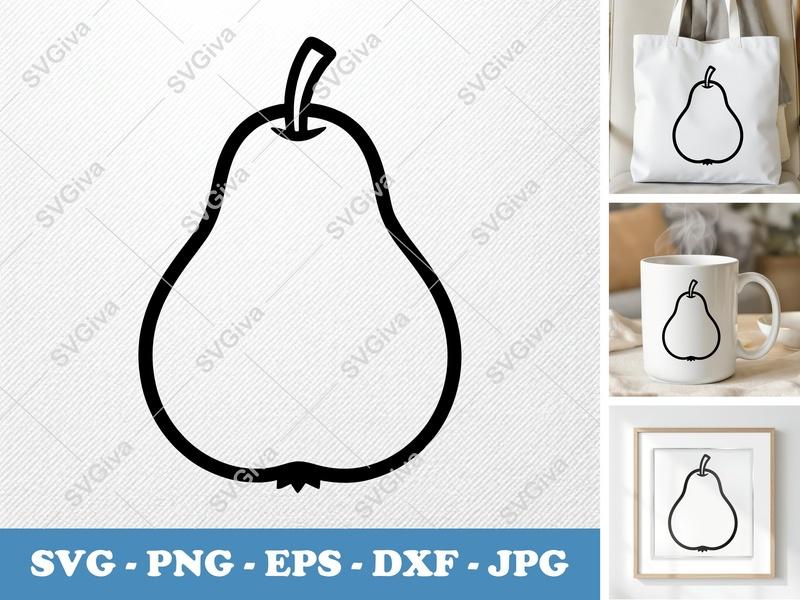 Pear SVG Outline, Modern Fruit Clipart, Minimalist Line Art PNG EPS DXF for Cricut, Silhouette, Digital Download