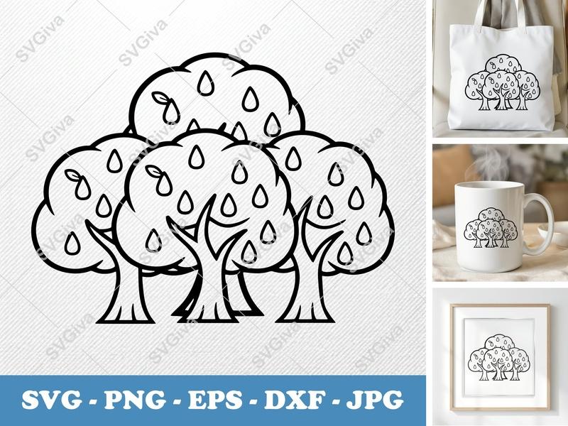 Pear Tree in a group SVG, Soft Puffy Shape Trees with Pears, PNG EPS DXF, Cricut Silhouette Cut File, Fruit Orchard Vector