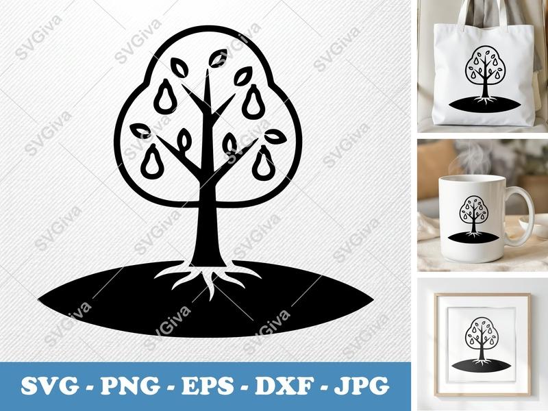 Pear Tree on a piece of land SVG | Black Contour, White Fill | Fruit Tree Clipart, Nature Icon | PNG EPS DXF for Cricut, Silhouette