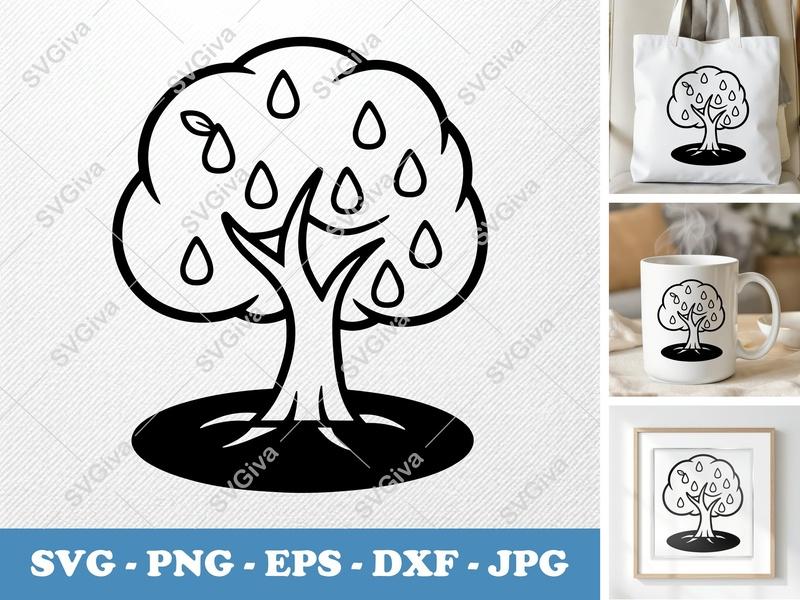 Pear Tree on a piece of land SVG | Puffy Soft Outline Fruit Tree Cut File for Cricut, Silhouette | PNG EPS DXF