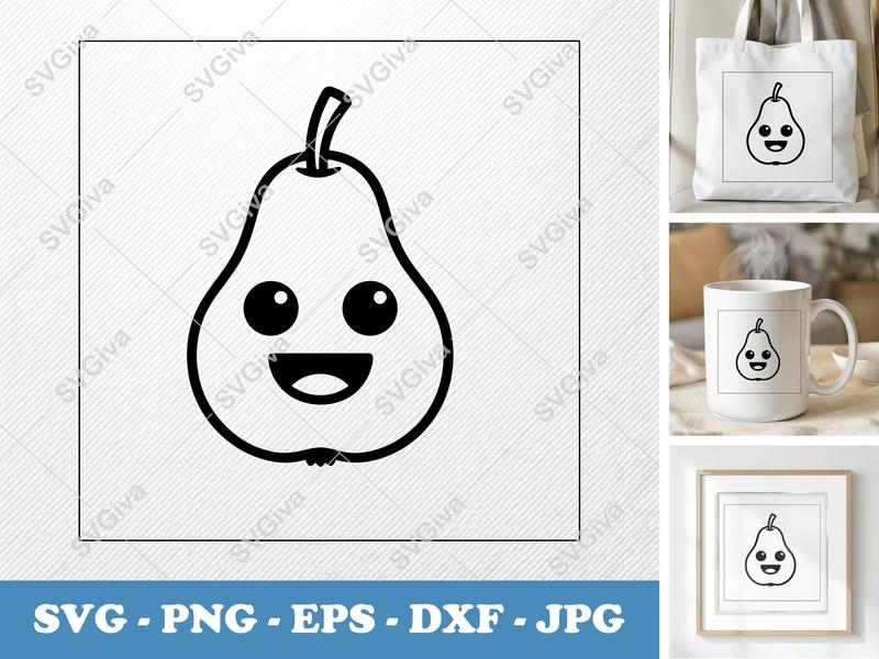 Pear with Smiling Face SVG | Friendly Bean-Shaped Cut File | PNG DXF EPS | Cricut Silhouette Fruit Design